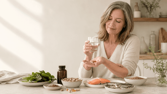 Woman taking supplements for eczema with vitamin D, probiotics, omega-3 and skin-supporting foods