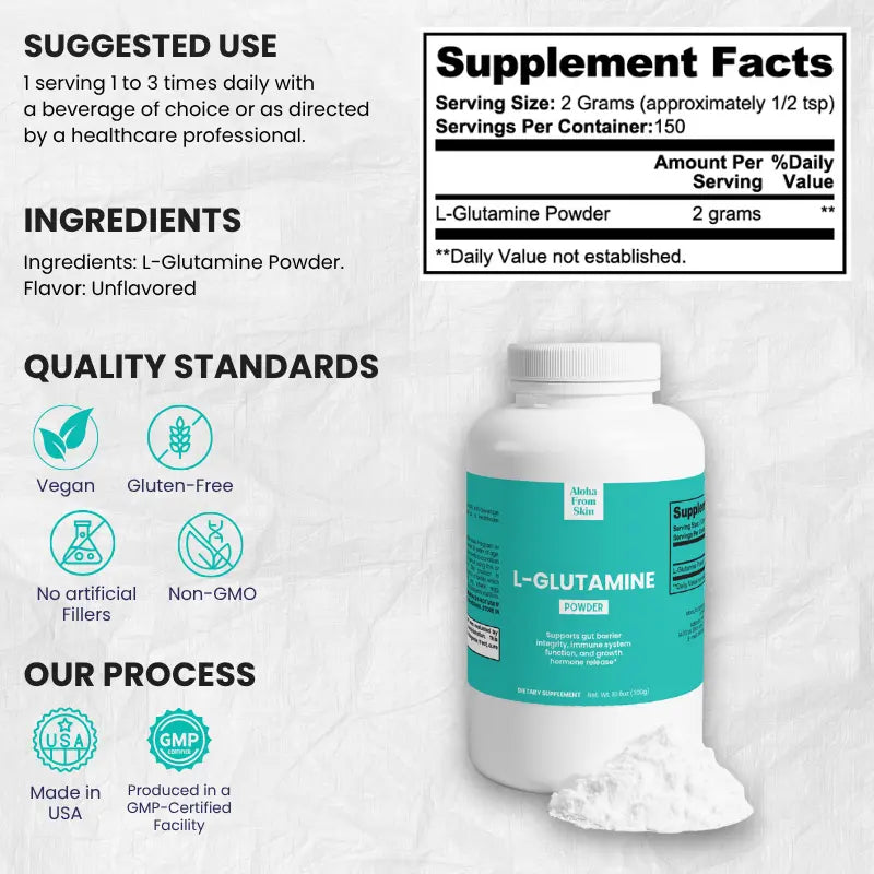 L-Glutamine Powder - Leaky Gut and Eczema Support - 100% Pure, Unflavored