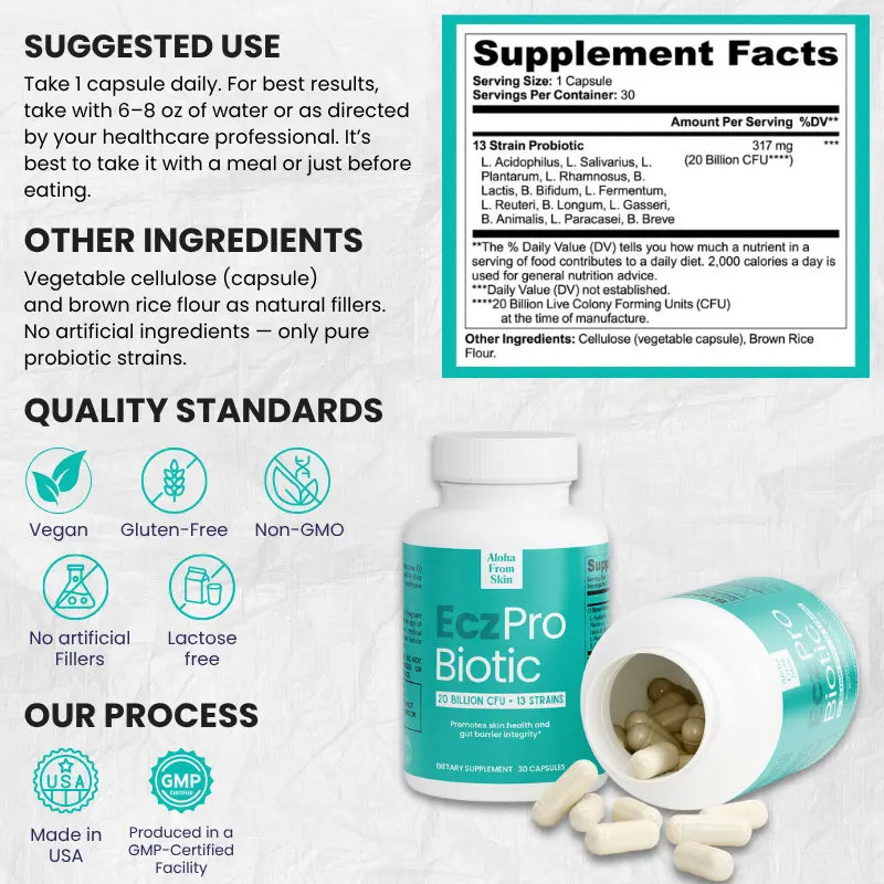 EczPro - Probiotics for Eczema, Natural Remedy, 13 Histamine-Safe Strains, Allergen-Free Formula